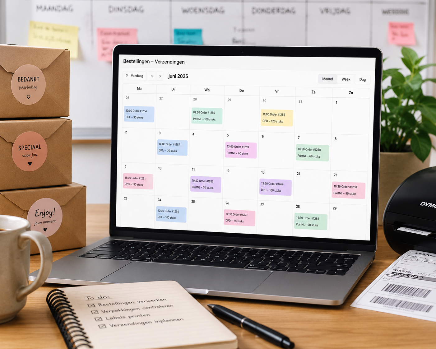 Collega's plannen verjaardagen en verzendingen op een kantooragenda