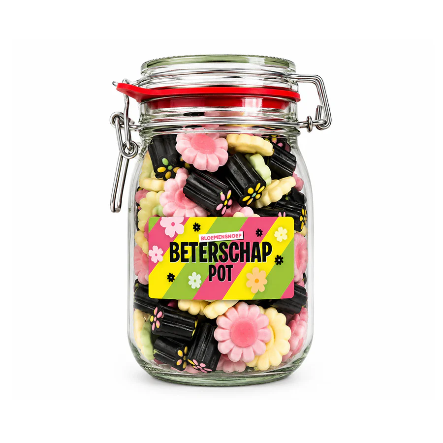 Snoeppot weck “Beterschap Pot” Bloemen snoep (1000 ml)